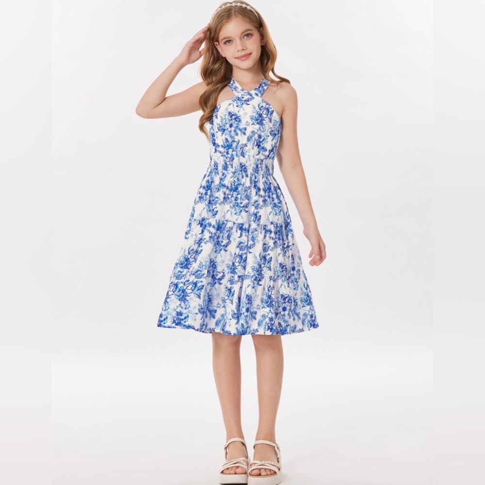 Grace Karin Girls Size 8Y Blue and White Floral Halter A-Line Midi Dress